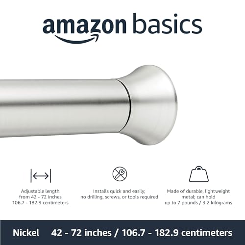 Amazon Basics Easy Install Shower Curtain Tension Rod, Adjustable Length, 42-73 inches, Nickel - color: Nickel, size: 42-73"
