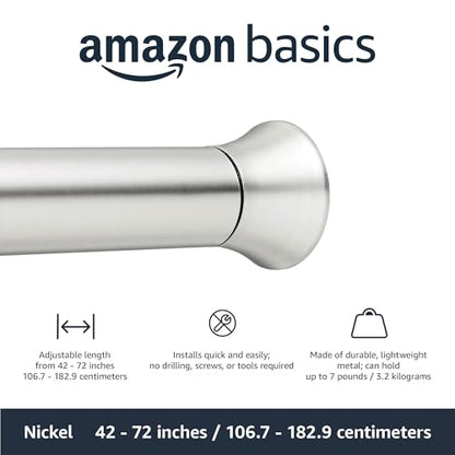 Amazon Basics Easy Install Shower Curtain Tension Rod, Adjustable Length, 42-73 inches, Nickel - color: Nickel, size: 42-73"