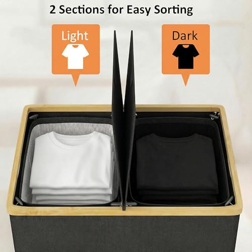 efluky Laundry Hamper with Lid, Double Laundry Basket with 2 Removable Bags, 2 Section Laundry Bin with Bamboo Handles for Bathroom, Bedroom & Laundry Room, 140L (36.9 Gallon) Black - color: Black, size: 140L Dual