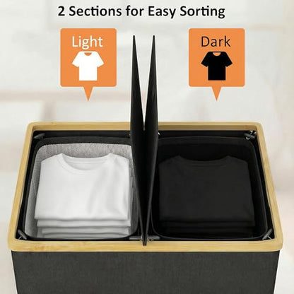 efluky Laundry Hamper with Lid, Double Laundry Basket with 2 Removable Bags, 2 Section Laundry Bin with Bamboo Handles for Bathroom, Bedroom & Laundry Room, 140L (36.9 Gallon) Black - color: Black, size: 140L Dual