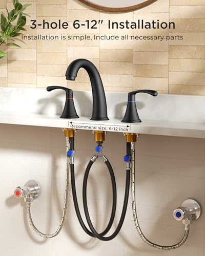 FORIOUS Bathroom Sink Faucet 3 Hole Widespread 8 Inch 2 Handle Matte Black | 3-hole 6-12 Inch Widespread Sink Faucets with Drain and Water Supply Lines, for Vanity Rv Commercial Lavatory Restroom Basin - color: Matte Black, style: Modern