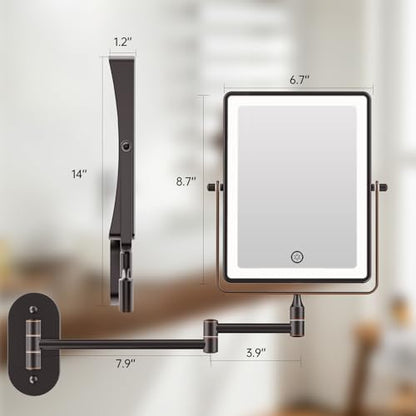 FASCINATE 8.7" 5000mAh Rechargeable Wall Mounted Makeup Mirror (Bronze) | Double Sided 1X 30X Rectangle Wall Mounted Magnifying Mirror with Light, 3 Color Setting, Extended Arm 360° Foldable - color: Bronze a
