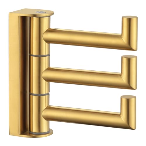 Suyar Brushed Gold Towel Hook, Bathroom Coat Robe Holder with 3 Swivel Arms | SUS304 Stainless Steel, Wall Mounted - color: Brushed Gold, size: 1 Pack