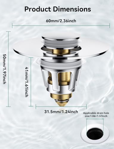 Bullet Core Bathroom Sink Stopper, 1 Pack Universal Pop-Up Drain Plug Fits 1.1–1.5 Inch US Standard Sinks