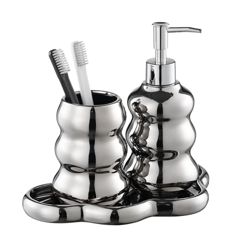 Silver Bathroom Accessory Set, 3-Piece Ceramic Bath Accessories Set with Tray, Lotion Dispenser, and Tumbler - color: Silver