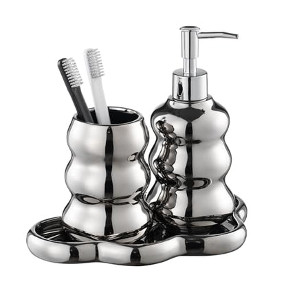 Silver Bathroom Accessory Set, 3-Piece Ceramic Bath Accessories Set with Tray, Lotion Dispenser, and Tumbler - color: Silver