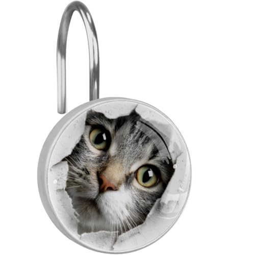 Crystal Glass Shower Curtain Hooks Set of 12, Rustproof Shower Curtain Rings for Bathroom, Funny Cat Pattern Decorative Shower Curtain Hangers for Shower Curtain Rod, Bedroom - color: Funny Cat Pattern