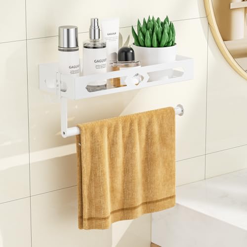 White Paper Towel Holder Wall Mount with Shelf - Adhesive Hand Towel Rack | Sturdy Metal Mounted Paper Towel Rack with 2 Hooks, Space-Saving for Bathroom, Kitchen, RV Camper - color: White