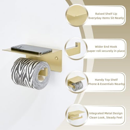 Brushed Gold Toilet Paper Holder with Shelf, 304 Stainless Steel Wall Mount Tissue Roll Holder for Bathroom - color: Brushed Gold, size: Single Rod