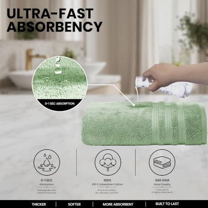 Bath Towels Set of 4 Extra Large Towels set 30x60 In, 100% Uzbek Cotton 600 GSM Oeko-TEX, Larger & Lighter Weight Quicker to Dry, Super Soft and Absorbent, Perfect for Bathroom- Sage Green - color: Sage Green