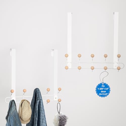 2 Pack Over The Door Hooks(13.8" H) with 10 Wooden Knobs, Over Door Hanger, Heavy Duty No Drill Hanger for Towels, Coats, Hats, Bags in Bathroom, Bedroom, Kitchen, Living Room - color: White(2 Pack 13.8")