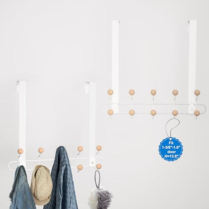2 Pack Over The Door Hooks(13.8" H) with 10 Wooden Knobs, Over Door Hanger, Heavy Duty No Drill Hanger for Towels, Coats, Hats, Bags in Bathroom, Bedroom, Kitchen, Living Room - color: White(2 Pack 13.8")