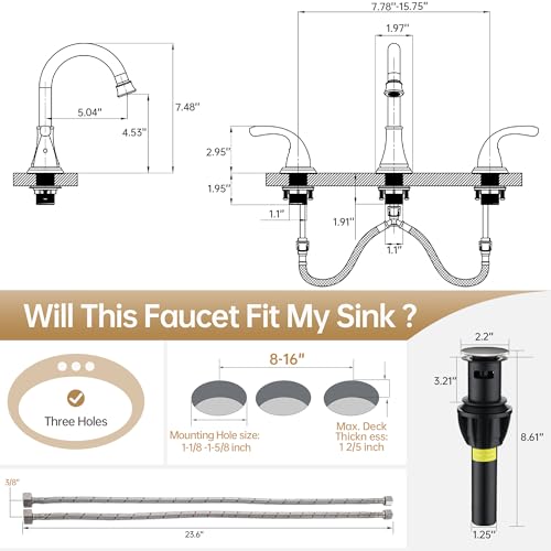 Bathroom Sink Faucet FRANSITON Centerset 8 Inch 2 Handle Bathroom Sink Faucet Lead-Free with Pop-up Drain Stopper and Supply Hoses (Brushed Nickel, 8 Inch) - color: Brushed Nickel