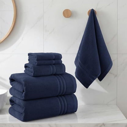 REDKISS Navy Towels Set 6 Piece Cotton Towel Sets with 2 Bath Towels, 2 Hand, 2 Washcloths, 650GSM Hotel Quality, Soft, Highly Absorbent Towels for Bathroom Gym, Ideal Everyday Use - color: Navy Blue