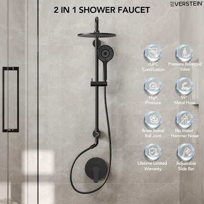 10 Inch High Pressure Rainfall Shower System with Slide Bar, Wall Mount Bathroom Round Shower Faucet Set with Valve, Matte Black - color: Black