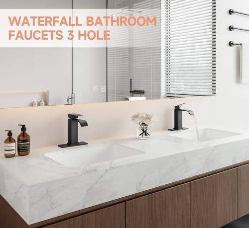 Matte Black Bathroom Faucets Evolvegoods Modern Waterfall Bathroom Faucet | Single Handle 1 or 3 Hole Bathroom Sink Faucet RV Mixer Tap Vanity Faucet with Deck Plate Pop-up Drain and Supply Lines - color: Matte Black