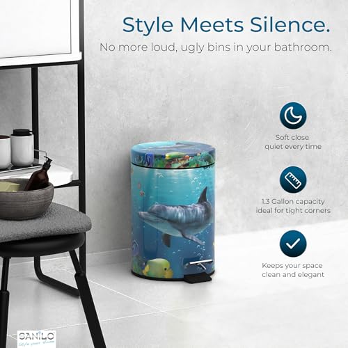 Sanilo Small Bathroom Trash Can with Lid [1.3 Gallon] - Lidded Tiny Trashcan for Garbage - Mini Metal Bin with Soft Closing Mechanism - Bath Room Accessoire Wastebin with Inner Bucket (Dolphin) - color: Dolphin
