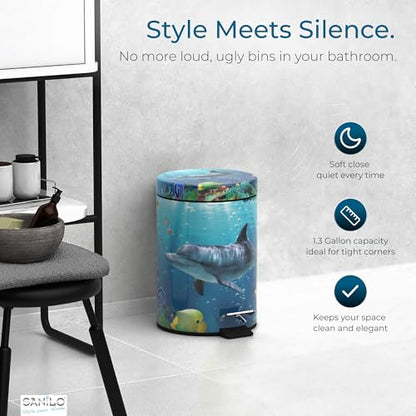 Sanilo Small Bathroom Trash Can with Lid [1.3 Gallon] - Lidded Tiny Trashcan for Garbage - Mini Metal Bin with Soft Closing Mechanism - Bath Room Accessoire Wastebin with Inner Bucket (Dolphin) - color: Dolphin