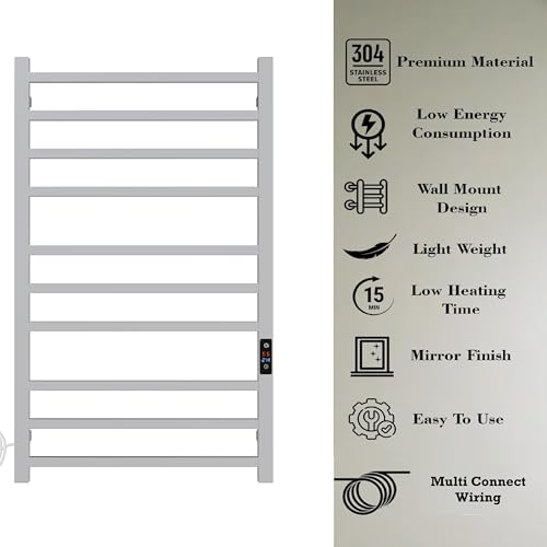 SATOH Towel Warmer for Bathroom Heated Towel Rack Wall Mounted Electric Drying Rail with Plug-in Installation & Timer Stainless Steel Hot Towel Warmer - 88cm x 53cm (Polished Chrome)