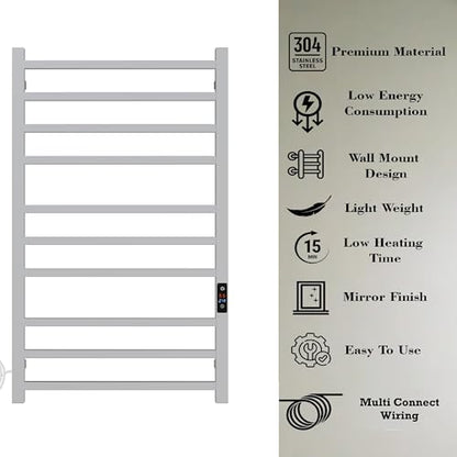SATOH Towel Warmer for Bathroom Heated Towel Rack Wall Mounted Electric Drying Rail with Plug-in Installation & Timer Stainless Steel Hot Towel Warmer - 88cm x 53cm (Polished Chrome)