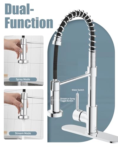 Kitchen Faucet,Chrome Kitchen Faucet with Soap Dispenser and Deck Plate,Faucet for Camper Farmhouse RV Kitchen Sink,Single Handle Stainless Steel Kitchen Sink Faucets with Pull Down Sprayer - color: E-Chrome Polished, style: Contemporary