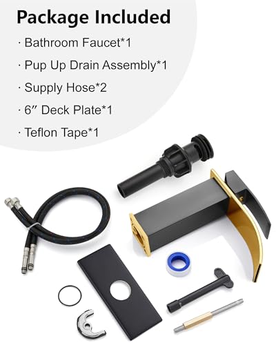 Midanya Waterfall Bathroom Faucet 1 Hole,Polish Gold Spout/Matte Black | with 24” Hoses,Pop Up Drain,6” Deck Plate,for 1 or 3 Hole Vanity,Lavatory,RV,Single Handle Bathroom Sink Faucet,NSF Certified - color: Bright Gold Spout/Black