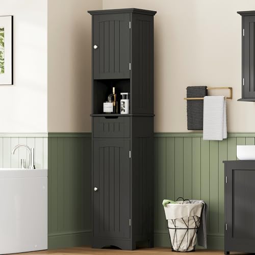 ChooChoo 67" Tall Bathroom Storage Cabinet, Narrow Bathroom Cabinet with 2 Doors and 1 Drawers, Freestanding Cupboard Floor Cabinet with Adjustable Shelves for Living Room, Kitchen, Black