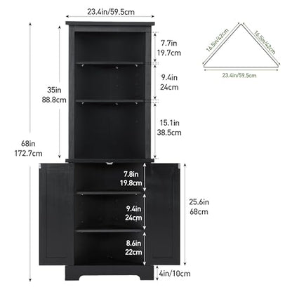 WelFurGeer Tall Corner Cabinet, Black, 68in, Open Shelves with Double Door Storage, Bathroom Linen Tower