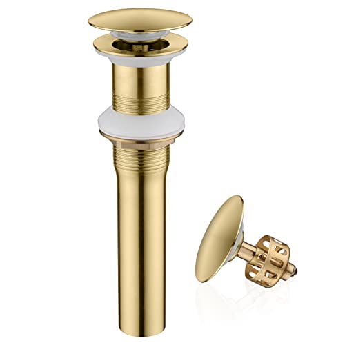Pop up Sink Drain Stopper Without Overflow Brushed Gold for Bathroom Vessel Vanity Sink Art Basin, Big Cap Sink Drain Without Overflow, Metal Pop-up Drain Strainer with Detachable Basket Stopper - color: Gold Brushed, style: without overflow
