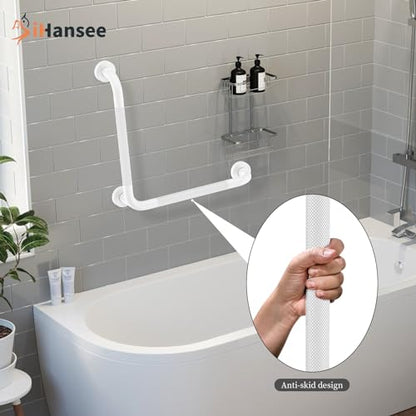 Angled Grab Bar - 16x16 Inch Stainless Steel Knurled Toilet Handles Wall Mounted Bathroom Handicap Safety Rails for Elderly Injured Balance Support, L-Shaped White Grab Bar for Shower | White Bathroom Grab Bar for Senior Elderly, Stainless Steel Handicap