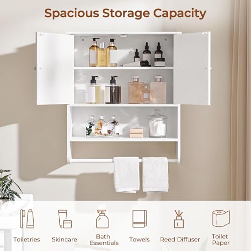 Yaheetech 24" Bathroom Wall Cabinet Over Toilet with Towel Bar, White Doors | Over-the-Toilet Storage for Small Bathrooms, Doors Hide Clutter, Adjustable Shelf Fits Tall Bottles, Open Display, MDF Build