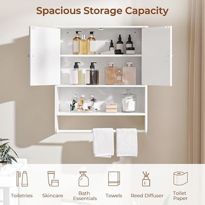 Yaheetech 24" Bathroom Wall Cabinet Over Toilet with Towel Bar, White Doors | Over-the-Toilet Storage for Small Bathrooms, Doors Hide Clutter, Adjustable Shelf Fits Tall Bottles, Open Display, MDF Build