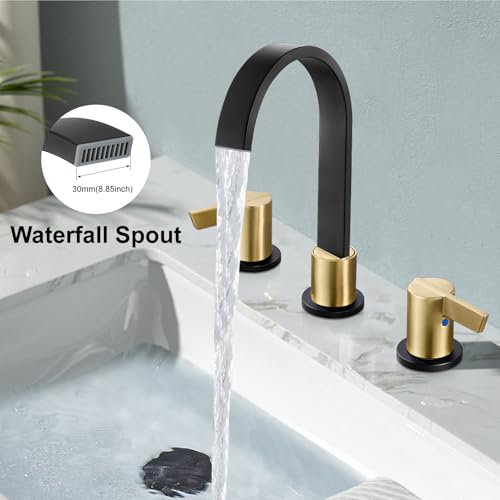 Midanya 8 Inch Widespread Bathroom Sink Faucet 3 Hole,Black and Gold Handle | Waterfall Swivel Spout,2 Handle,SUS304,with Pop Up Drain,cUPC 24" Water Hose,for 6-16” hole distance vanity,RV,Farmhouse Sink - color: Black/Gold Handle