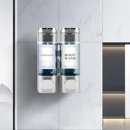 Shampoo and Conditioner Dispenser, 2 Chamber 300ml, Wall Mounted, Sliver | Shower Soap Dispenser, Refillable Hand Soap Dispensers, Body Wash Dispenser for Bathroom, Kitchen, Hotel, Home - color: Silver, size: 2 Chamber