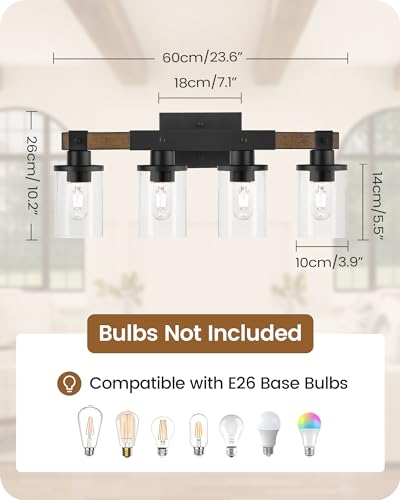 4-Light Bathroom Light Fixture, Farmhouse Vanity Lights for Bathroom with Glass Shade, Rustic Bathroom Light Fixtures, E26 Base F09BD05 - size: 4-Light