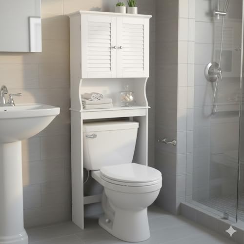 Redmon Louvered Double Doors Over the Toilet Space Saver Storage Cabinet (Full Side Panels), Adjustable Center Shelf, 23.50 Inch Width x 63.00 Inch Height, White Semi Gloss Enamel Finish