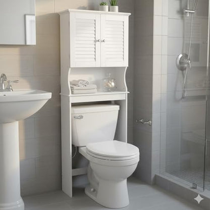 Redmon Louvered Double Doors Over the Toilet Space Saver Storage Cabinet (Full Side Panels), Adjustable Center Shelf, 23.50 Inch Width x 63.00 Inch Height, White Semi Gloss Enamel Finish