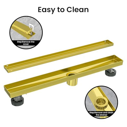 EXF Linear Shower Drain 30 Inch Brushed Gold with Tile Insert Cover | 304 Stainless Steel, V-Slope Design, Debris Strainer, Seamless, Adjustable Height - color: Brushed Gold, size: 30 IN