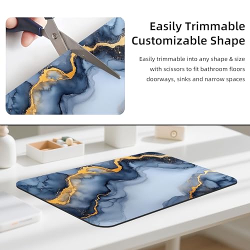 24x16 Diatomaceous Earth Bath Mat, Super Absorbent Soft Stone Bath Mat for Bathroom Floor, Quick Dry Non-Slip Shower Mat, Large Drying Mat for Kitchen Counter Blue Gold Marble Ink Art