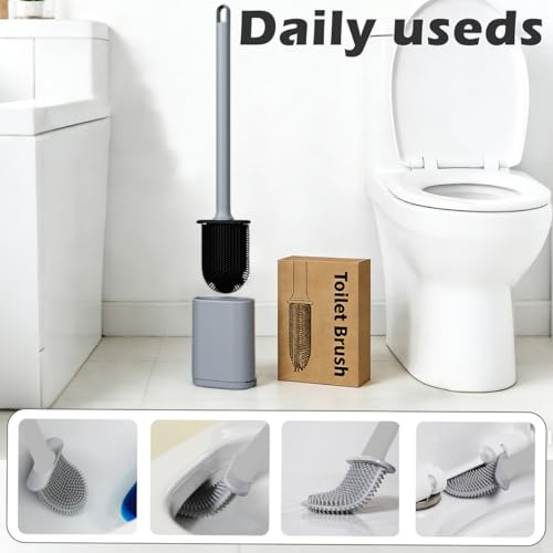 Silicone Toilet Brush and Holder Set, Flexible Toilet Bowl Brush Head with Silicone, Long Handle, Wall Mounted with Removable Anti-Leakage Base, Soft Bristles for Bathroom Deep Cleaning (Grey) - color: Gray