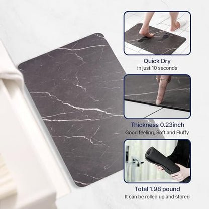Aureo Super Absorbent Diatomaceous Bath Mat, Quick Dry, Soft Non-Slip Rug for Bathroom, Kitchen, Entryway, Easy Clean, Marble Design, 27.55" x 15.74", Black - color: Black