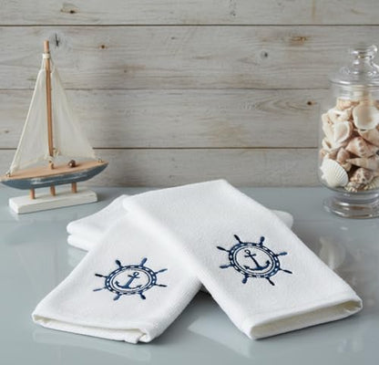 Serafina Home Summer Soft Absorbent Bathroom Coastal Guest Embroidered Fingertip Towels: Nautical Captain's Wheel Design, 2 Piece 12" x 18" Inches - color: Captains Wheel