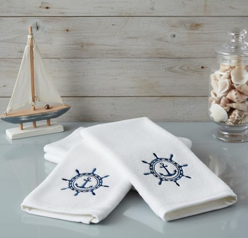 Serafina Home Summer Soft Absorbent Bathroom Coastal Guest Embroidered Fingertip Towels: Nautical Captain's Wheel Design, 2 Piece 12" x 18" Inches - color: Captains Wheel