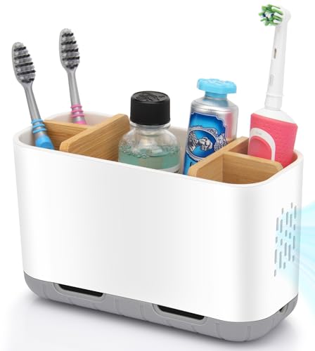 GFWARE Toothbrush Holders for Bathrooms - Bamboo Divider Toothbrush and Toothpaste Holder with Drainage, Kids Electric Toothbrush Organizer for Bathroom Countertop, White Tooth Brush Holder | 5 Slots Toothbrush and Toothpaste Holder with Bamboo Divider, K
