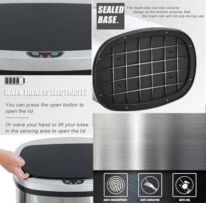 13 Gallon Trash Can with Lid, Automatic Kitchen Trash Cans 50 L Motion Sensor Garbage Can, Brushed Stainless Steel TrashCan for Home Office Bathroom, Sliver