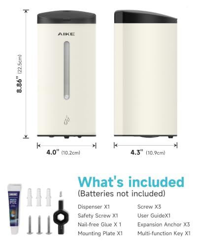 AIKE Classic Automatic Soap Dispenser,25oz for Bathroom,Mattewhite AK1205E | 5-Level Adjustable and Savety Key for Commercial(4*AA Batteries Not Included),No-drill and Screw Wall Mount for Space-Saving - color: Mattewhite Stainless Steel