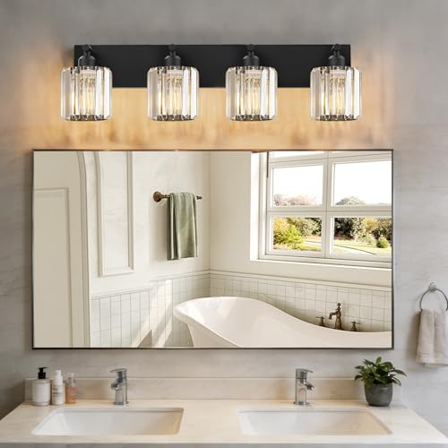 Black Crystal Bathroom Vanity Light, 4-Light Modern Bathroom Lighting Fixtures Over Mirror, Matte Black Wall Sconce Light Fixtures with Round Shade - color: Black-Round Shade, size: 4-LIGHT