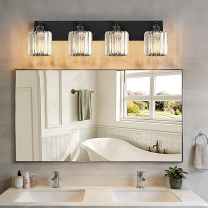 Black Crystal Bathroom Vanity Light, 4-Light Modern Bathroom Lighting Fixtures Over Mirror, Matte Black Wall Sconce Light Fixtures with Round Shade - color: Black-Round Shade, size: 4-LIGHT
