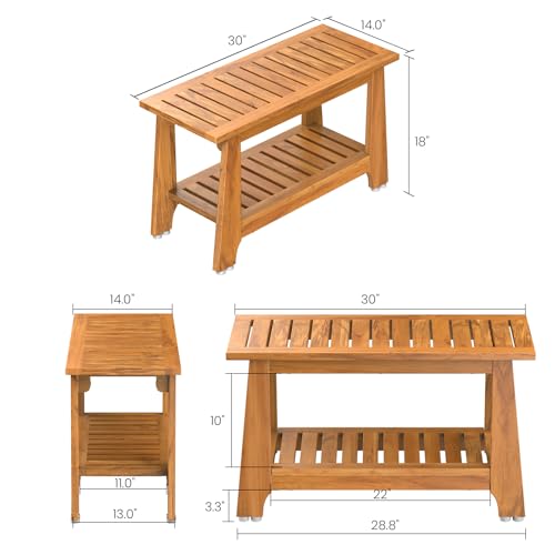 NNN 30" Commercial Heavy Duty Teak Shower Bench, Patented, Non-Slip Stable | with 8 Japan-Made Non-Slip Leveling Feet, Mortise-Tenon Legs 350lb, Pre-Oiled European Teak Oil, Marine-Grade Hardware - size: 30"W x 14" Dx 18"H