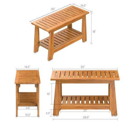 NNN 30" Commercial Heavy Duty Teak Shower Bench, Patented, Non-Slip Stable | with 8 Japan-Made Non-Slip Leveling Feet, Mortise-Tenon Legs 350lb, Pre-Oiled European Teak Oil, Marine-Grade Hardware - size: 30"W x 14" Dx 18"H